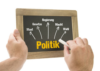 Hand schreibt Politik Konzept auf Kreidetafel
