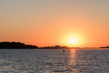 Sunrise landscape with steppe and river