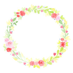 Obraz na płótnie Canvas Hand drawn watercolor wreath with abstract flowers and leaves isolated on a white background