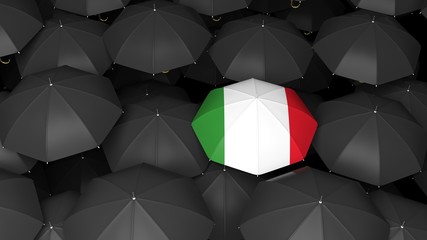 Italy flag umbrella over black umbrellas. 3d illustration