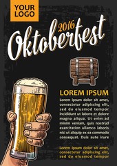 Poster to oktoberfest festival. Hands holding beer glasses glass and wooden barrel.
