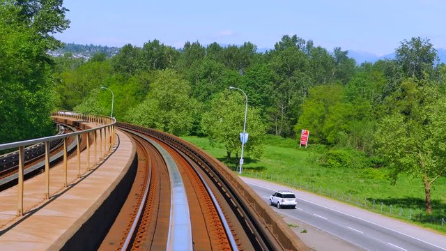 4K Modern Above-Ground Monorail Skytrain Urban Transport Rail System and Traffic