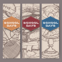 Three banners with school related sketches featuring books, globe, sport .