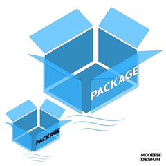 Medium open blue packing box, 3D isometric view, cross-section, with inscription on side. Layered structure box. Vector