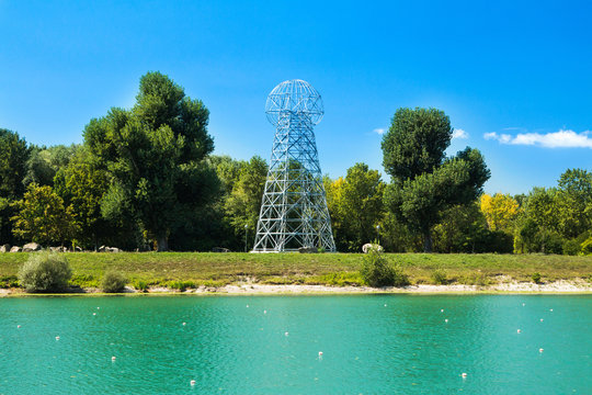 Tesla tower on Jarun lake in Zagreb, Croatia, summer day