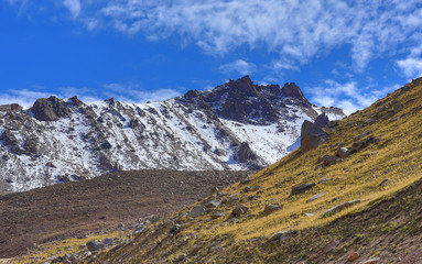 cirque glaciers, rocky road, red mountain stone, summer, glacial valleys, mountains, Kazakhstan,...