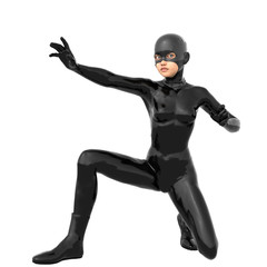 one young superhero slim girl in full black super suit. She sits on one knee and the right hand is protected