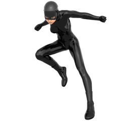 one young superhero slim girl in full black super suit. She jumps from one foot with her hands behind her back