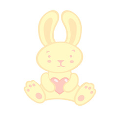 Cute white cartoon gentle bunny with a heart on a white background