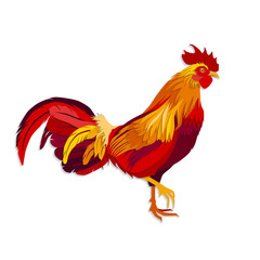 Color fire cock on white background looking at right. Chinese calendar Zodiac for 2017 New Year of red rooster. Isolated vector silhouette made in paper cut style.