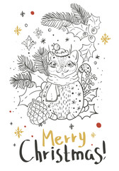 Christmas card for xmas design with doodle cat