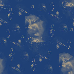 Watercolor blue space musical notes seamless pattern