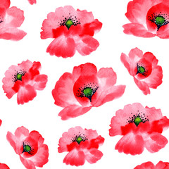Seamless watercolor hand painted background, pattern. Isolated red poppies.
