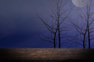 spooky forest with wooden table in night ,halloween background