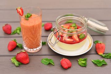 Tiramisu with strawberries. Strawberry smoothies. The concept fo