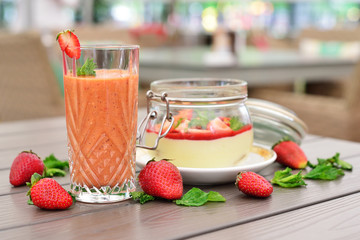Tiramisu with strawberries. Strawberry smoothies. The concept fo