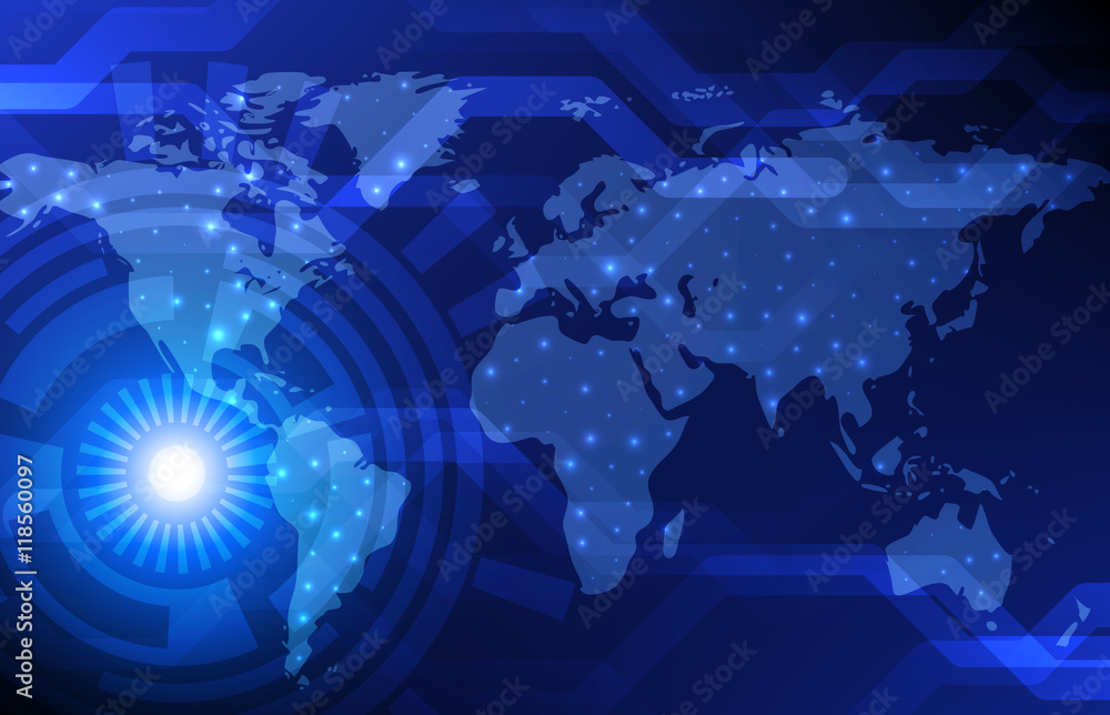 Aufkleber abstract digital technology background with world map. vector template design