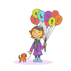 Colored greeting card with the smiling man with balloons and dog. Be happy