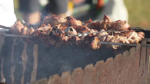 Shish kebab grilled on brazier with various kinds of meat