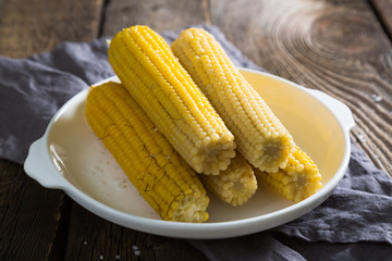 Boiled corn on the table