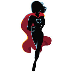 Superhero cartoon woman heroically running. EPS 10 vector.