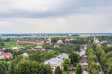 Aerial view of Lenina street in the ancient town of Suzdal. 