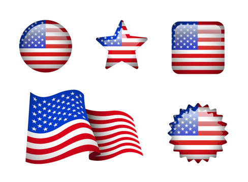 Set of American flag on white. Development of the flag, round, square and star-shaped.