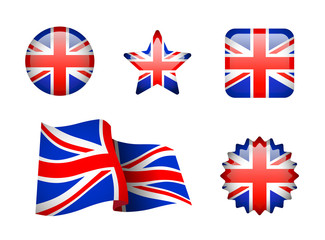 Set of British flag on white. Development of the flag, round, square and star-shaped.