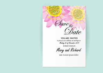 invitation card flowers concept come with pink color tree flower bouquet cherry blossom,cosmos,and water lily or lotus