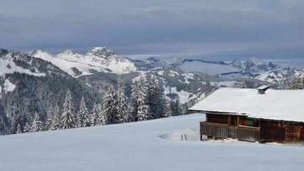 Snow landscape and old timber hut