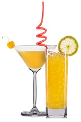 Set of orange cocktails with decoration from fruits and colorful straw isolated on white background.