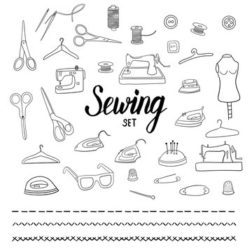 Sewing set with hand drawn elements and brushpen lettering sign. Vector illustration.