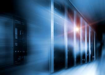 server room in dark, with blue colored lights motion