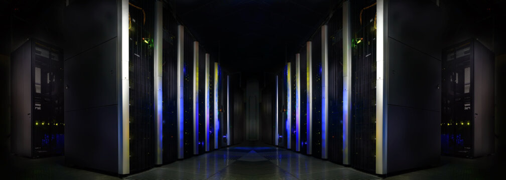 symmetrical futuristic modern server room in the data center with - Powered by Adobe
