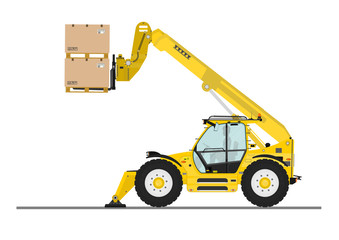 Non rotating telehandler with forks and outriggers on a white background. Flat vector