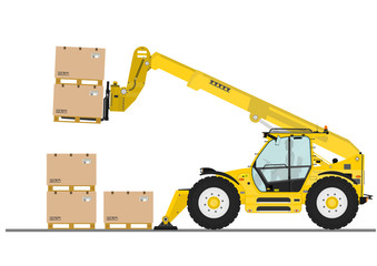 Non rotating telehandler with forks and outriggers on a white background. Flat vector