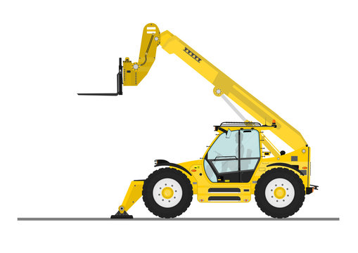 Non rotating telehandler with forks and outriggers on a white background. Flat vector