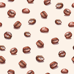 watercolor seamless pattern of loose coffee beans 