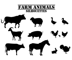 Vector farm animals silhouettes of bull, cow, turkey, rabbit, pig, rabbit, goose, duck, rooster, chicken, horse, sheep, goat, chicken. 