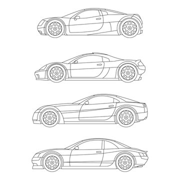 sport car outline drawing set flat Icon vector