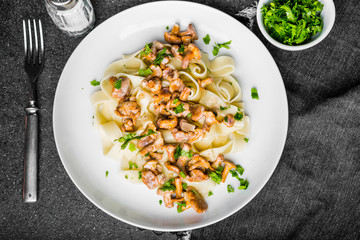 Pasta spaghetti with wild forest mushrooms chanterelle on white plate