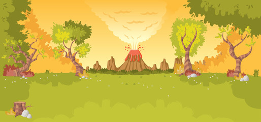 Forest with volcano, grass and trees. Prehistoric nature landscape.   © denis_pc