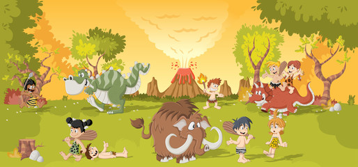 Group of cartoon cavemen on forest with volcano and funny cartoon dinosaurs. Stone age children.   © denis_pc