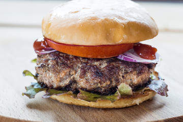 Home made hamburger on a kraft paper.