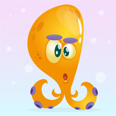 Cute cartoon octopus character. Vector Halloween yellow octopus surprised. Isolated on underwater background