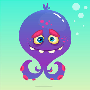 Cute cartoon octopus. Vector Halloween purple octopus with tentacles isolated on underwater background