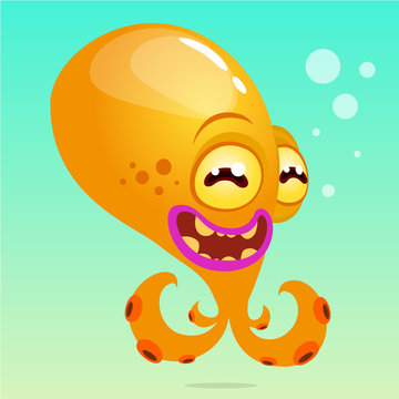 Cute cartoon octopus. Vector Halloween yellow octopus with tentacles isolated on underwater background. Isolated