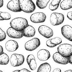 Potato vector seamless pattern. Hand drawn food background. - obrazy, fototapety, plakaty