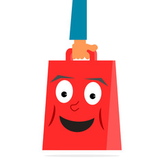 Happy shopping bag in hand. Vector illustration on white background.