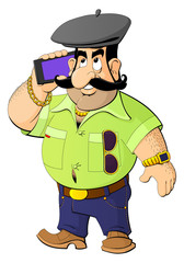 Cartoon Caucasian man talking on a cell phone.